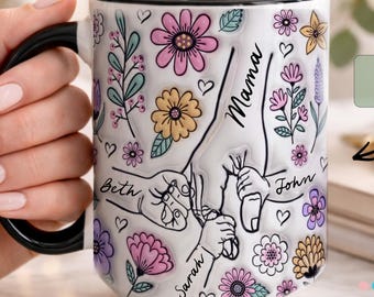 Custom Mom Mug, Custom Kids Hands Mug, Personalized Grandma Mug, Personalized 3D Holding Mom's Hands, Mother's Day Gift, Nana Kids Names