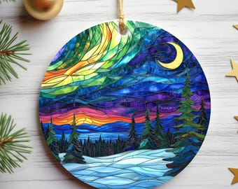 Northern Lights Ornament, Unique Christmas Gift Decor, Aurora Borealis Ornament, Northern Lights Keepsake, Stained Glass, Iceland