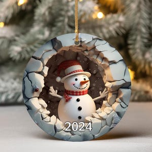 3D Snowman Ornament, 2024 Christmas Decoration, Holiday Gift Idea, Heirloom Keepsake, Round Ceramic, Gift Idea 2023, Cute Snowman Ornaments