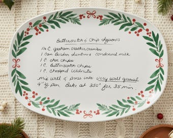 Custom Handwriting Recipe Platter, Christmas Floral Gift, Handwritten Recipe Gift, Personalized Platter, Grandma Family Recipe Keepsake