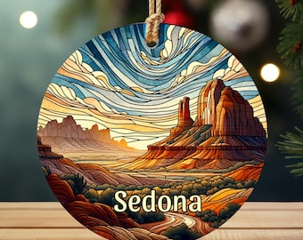 Sedona Ornament, Stained Glass Ornament, Ceramic Christmas Ornament, Arizona Honeymoon Vacay Travel Gift, Vacation Gift, Sedona AZ Gift