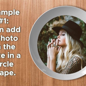 May include: A white ceramic plate with a circular image of a woman wearing a black hat and a knitted sweater. The image is set against a backdrop of green foliage.
