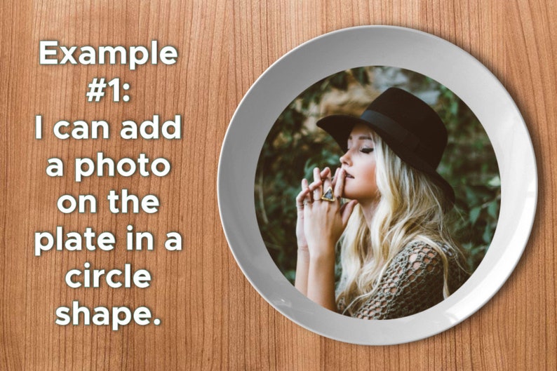 May include: A white ceramic plate with a circular image of a woman wearing a black hat and a knitted sweater. The image is set against a backdrop of green foliage.