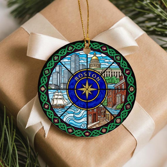 Boston Stained Glass Ornament, Boston Skyline Ornament, Massachusetts Travel Souvenir, City Christmas Ornament, Boston Gift, MA Gift