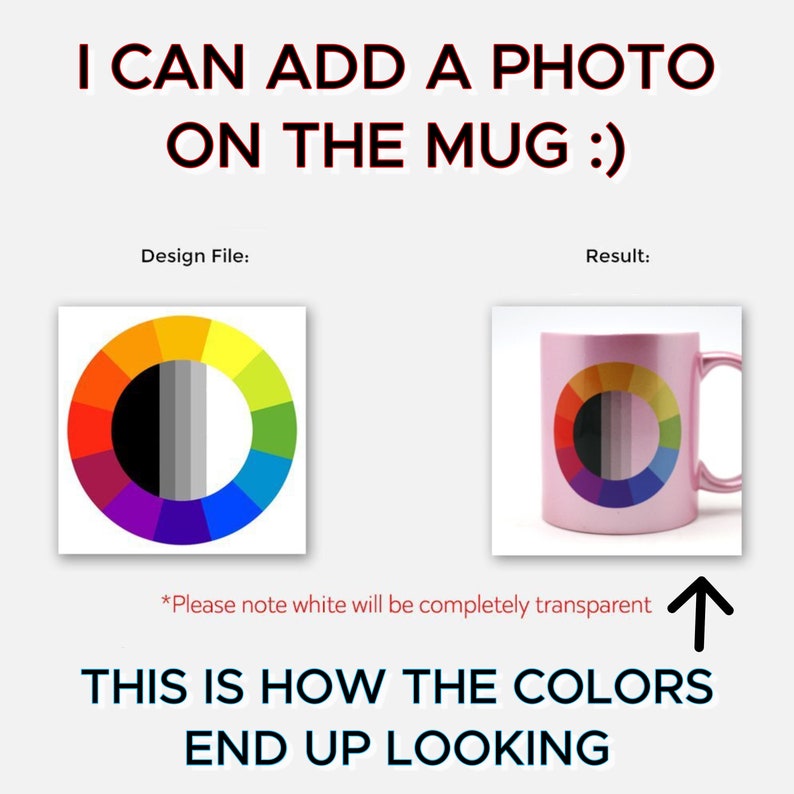 Puede incluir: Una taza rosa con un dise&ntilde;o de rueda de colores impreso en ella. La rueda de colores es negra, blanca, gris y de colores arco&iacute;ris. El texto "I CAN ADD A PHOTO ON THE MUG :)" est&aacute; en la parte superior de la imagen. El texto "Design File:" est&aacute; por encima del dise&ntilde;o de la rueda de colores y el texto "Result:" est&aacute; por encima de la taza. El texto "*Please note white will be completely transparent" est&aacute; debajo de la taza. El texto "THIS IS HOW THE COLORS END UP LOOKING" est&aacute; en la parte inferior de la imagen.