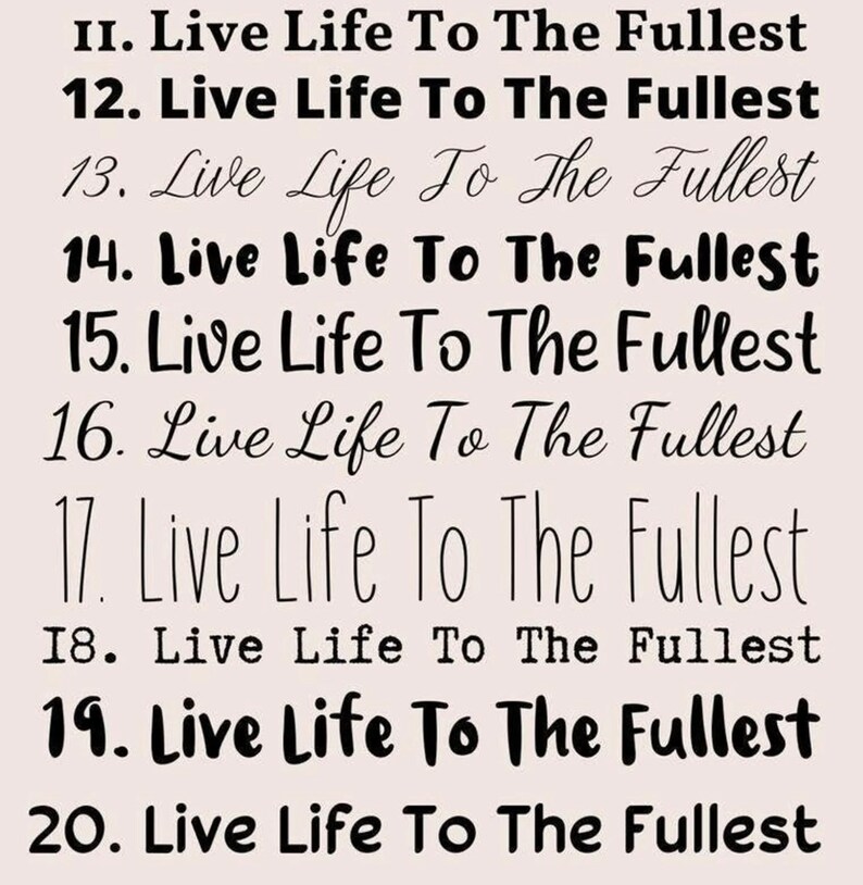 Puede incluir: Una imagen en blanco y negro con el texto "Live Life To The Fullest" repetido diez veces, con cada l&iacute;nea numerada del 11 al 20.