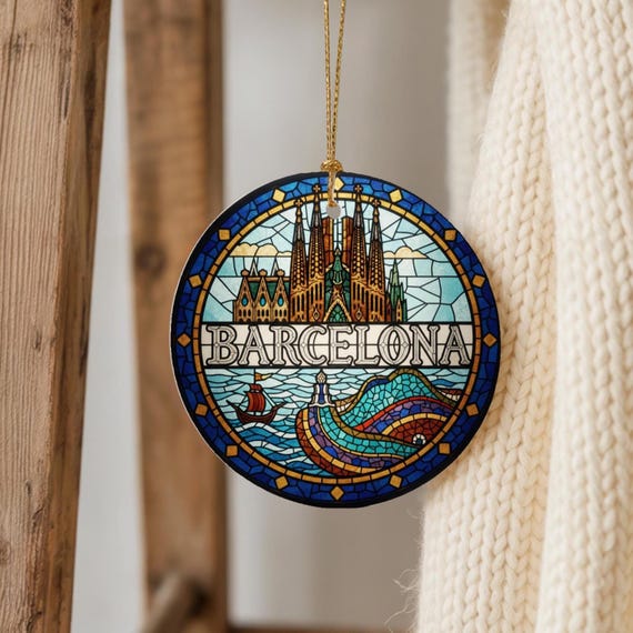 Barcelona Stained Glass Effect Ornament, Barcelona Skyline Ornament, Spain Travel Souvenir, Barcelona Christmas Gift