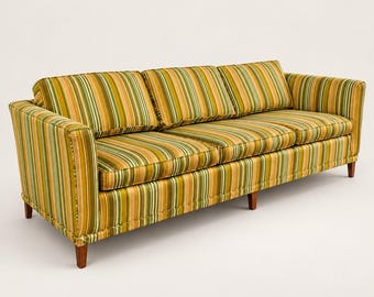 Vintage 1970s Mid-Century Sofa, Yellow Striped Mid-Century Modern Couch, Retro Upholstered 3 Seat MCM Sofa