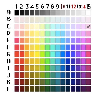 Puede incluir: Una tabla de colores con 15 columnas y 12 filas. La primera fila es negra, gris y blanca. La segunda fila es rosa claro, naranja claro, amarillo claro, verde claro, azul claro y morado claro. Las filas restantes son tonos de rojo, naranja, amarillo, verde, azul y morado.