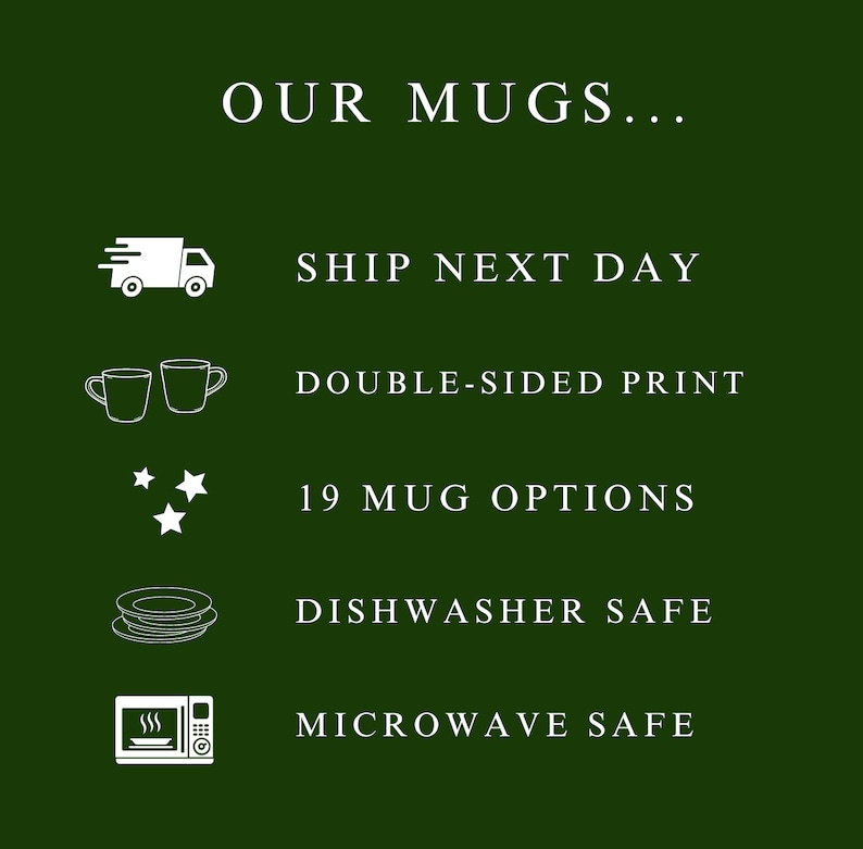 May include: White text on a green background lists the features of mugs: Ship next day, double-sided print, 19 mug options, dishwasher safe, microwave safe.  Icons represent each feature.