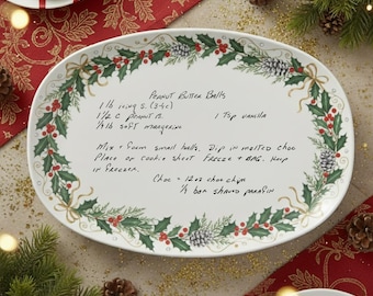 Custom Handwriting Recipe Platter, Christmas Floral Gift, Handwritten Recipe Gift, Personalized Platter, Grandma Family Recipe Keepsake