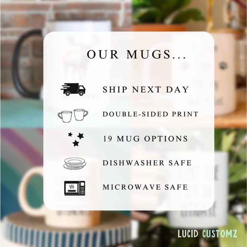 May include: A white graphic with black text that reads "OUR MUGS..." and lists features of the mugs, including "SHIP NEXT DAY", "DOUBLE-SIDED PRINT", "19 MUG OPTIONS", "DISHWASHER SAFE", and "MICROWAVE SAFE". The graphic also includes black icons representing a delivery truck, two mugs, stars, a plate, and a microwave.