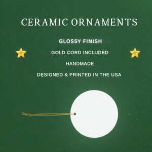 The image is a green advertisement for ceramic ornaments, featuring a white ceramic ornament with a gold cord and two gold stars on either side.