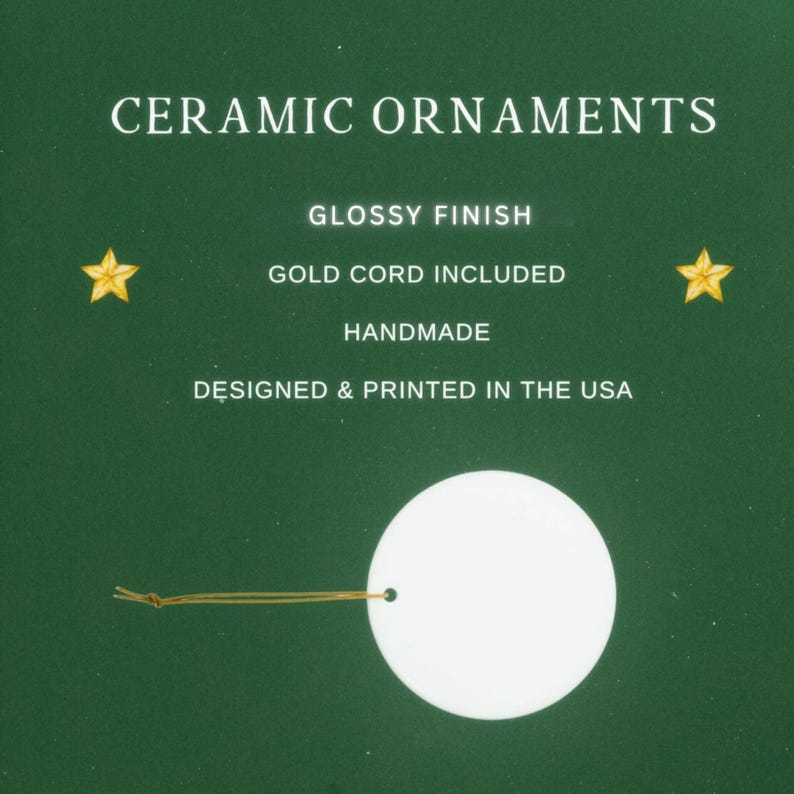The image is a green advertisement for ceramic ornaments, featuring a white ceramic ornament with a gold cord and two gold stars on either side.