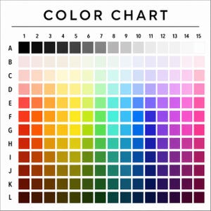 May include: A color chart featuring a grid of square color swatches organized by rows labeled A through L and columns numbered 1 through 15. The top row displays a grayscale gradient, while the subsequent rows show various hues including red, orange, yellow, green, blue, purple, and brown, transitioning in intensity across the grid.