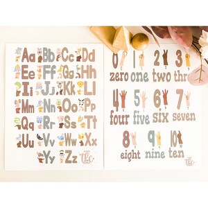 May include: Two educational posters with the alphabet and numbers. The alphabet poster features letters with animal illustrations. The number poster shows numbers one through ten with hand sign illustrations. Both posters have a neutral color palette.