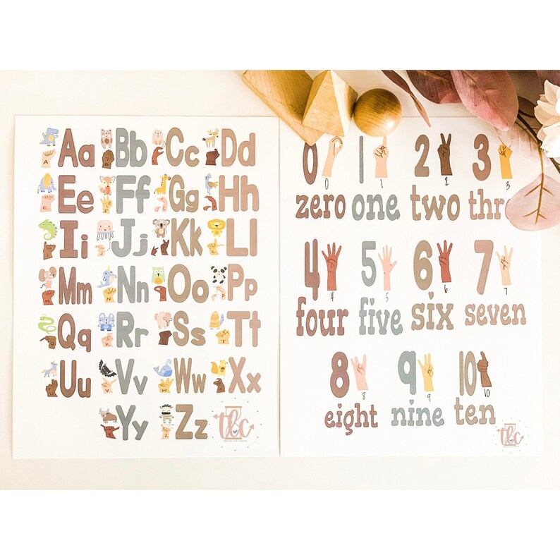 May include: Two educational posters with the alphabet and numbers. The alphabet poster features letters with animal illustrations. The number poster shows numbers one through ten with hand sign illustrations. Both posters have a neutral color palette.