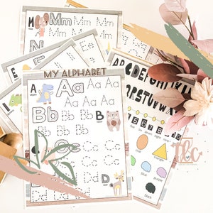May include: A collection of educational alphabet and number learning sheets. The sheets feature uppercase and lowercase letters, tracing exercises, and illustrations of animals and shapes. The color palette includes white, black, and pastel colors.
