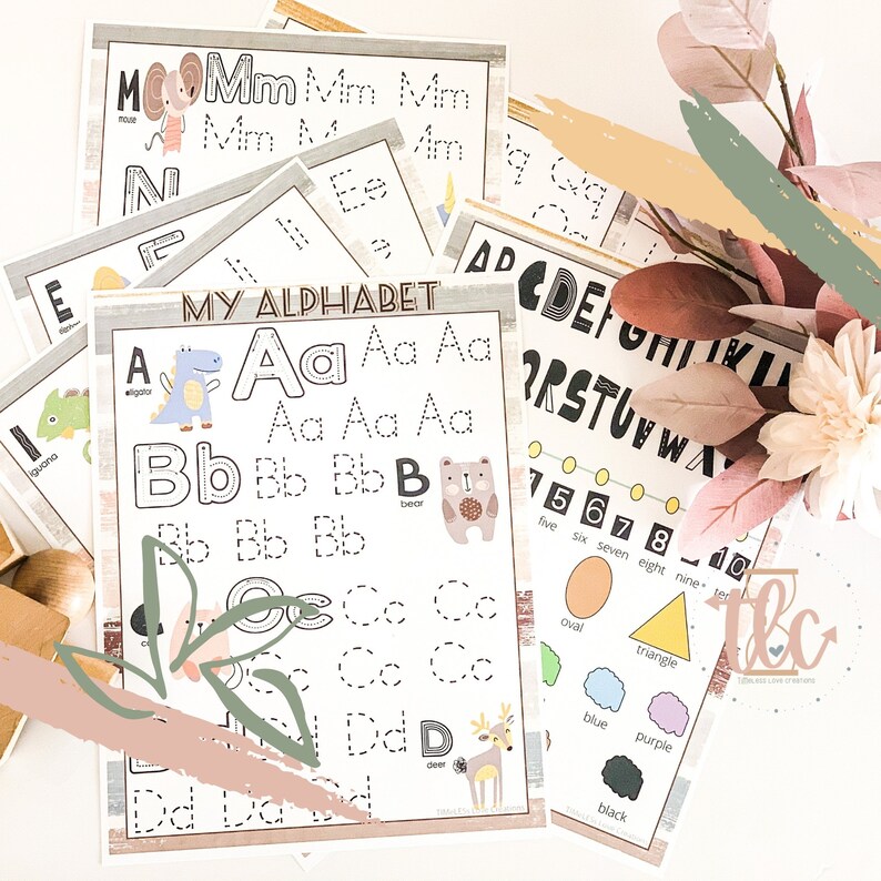 May include: A collection of educational alphabet and number learning sheets. The sheets feature uppercase and lowercase letters, tracing exercises, and illustrations of animals and shapes. The color palette includes white, black, and pastel colors.