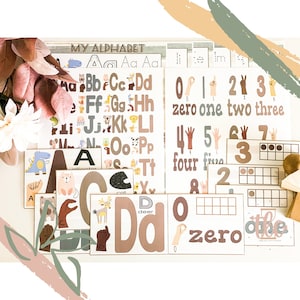 May include: Educational posters featuring the alphabet and numbers. The alphabet posters display letters with animal illustrations. Number posters show numbers with corresponding hand gestures. The color palette includes brown, beige, and pastel tones.