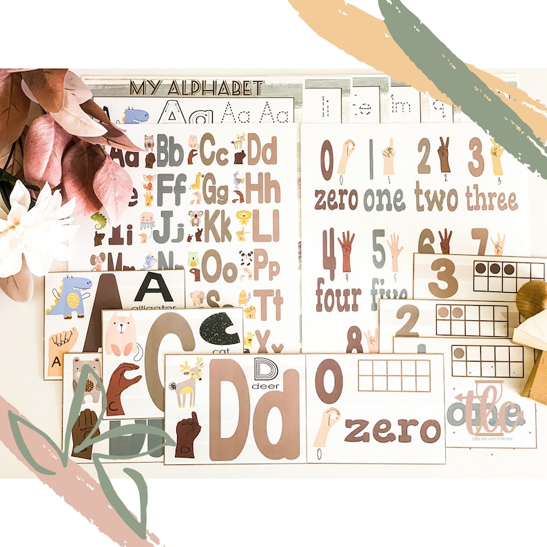 May include: Educational posters featuring the alphabet and numbers. The alphabet posters display letters with animal illustrations. Number posters show numbers with corresponding hand gestures. The color palette includes brown, beige, and pastel tones.