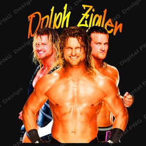 May include: A wrestler with a muscular physique and blonde hair poses with two other wrestlers. The wrestler in the centre is wearing black wrestling trunks and has the name "Dolph Zigler" written in orange and yellow letters above him.