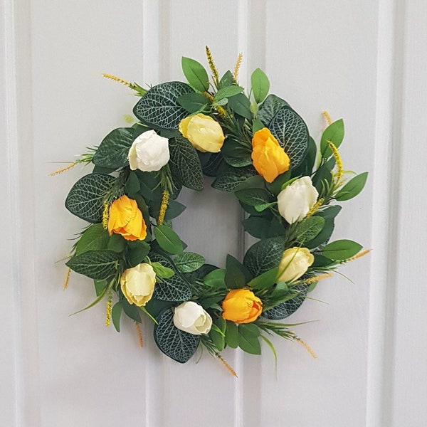 Yellow Tulip Wreath, For Front Door, Greenery Wreath, Summer Wreath, Spring Wreath