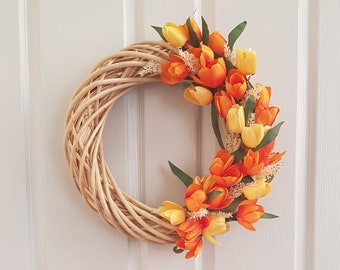 Autumn Tulip Wreath, Orange Spring Wreath, Wreath For Front Door, Willow Wreath