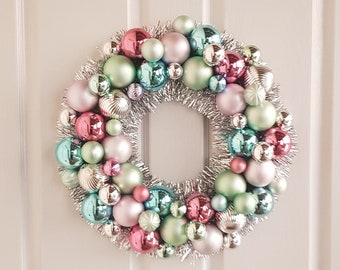Vibrant Bauble Wreath - Ornament Wreath For Front Door - Pink, Blue, Silver & Green Wreath Decor