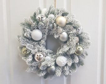 Frosted Winter Snow Pine Wreath, Bauble Wreath, For Front Door