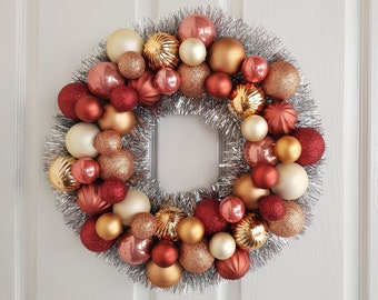Christmas Bauble Wreath - Pink, Gold, Rose & Silver Wreath For Front Door - Ornament Wreath - Christmas Decorations