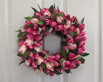 Pink Tulip Wreath For Front Door - Greenery Wreath - Spring - Summer Wreath - Flower Wreath