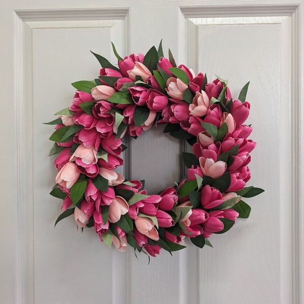 Pink Tulip Wreath For Front Door - Greenery Wreath - Spring - Summer Wreath - Flower Wreath
