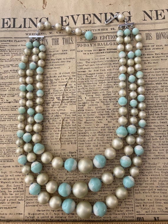 Faux Pearl and pale blue and white beaded necklace