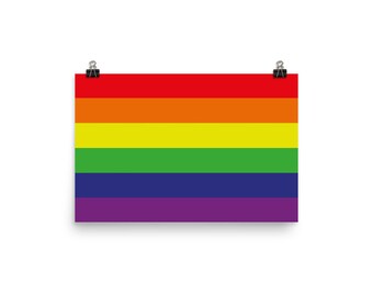 May include: A rainbow pride flag with six horizontal stripes in the colors red, orange, yellow, green, blue, and purple.