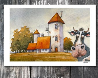 Whimsical Watercolor PRINT - It's a cow.  Line and Wash Art, Gary Frederick (8.5"x5.5")