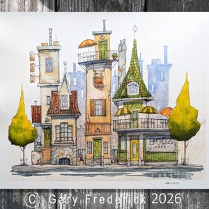 May include: Watercolour painting depicting a quirky street scene with vibrant buildings, trees, and a cafe. The buildings feature distinctive architectural elements, such as balconies, chimneys, and a green-tiled roof. The cafe is labelled "BOOZ CAFE".