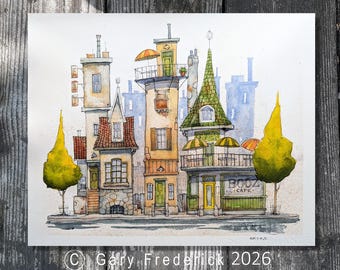 Original watercolour and ink - Gary Frederick Whimsical Urban Scene. 9" x 10.5". Unframed