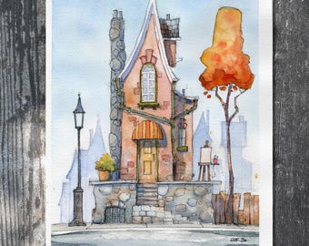 Original watercolour and ink - Gary Frederick Whimsical Urban Scene. 8" x 11". Unframed