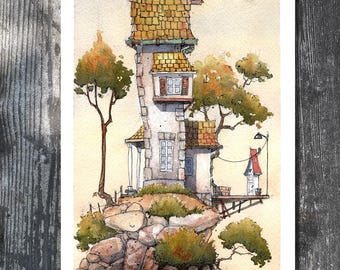 Watercolor PRINT- Gary Frederick. Line and wash. 8.5" 5.5". Unframed