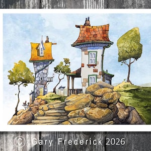 Watercolour PRINT - Gary Frederick Whimsical rural setting. 8" x 10". Unframed