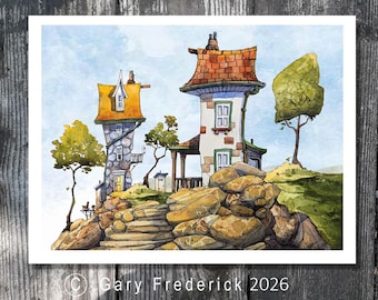 Watercolour PRINT - Gary Frederick Whimsical rural setting. 8" x 10". Unframed
