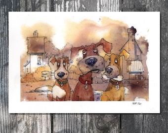 Lámina de acuarela con un toque caprichoso: Parque para perros. Dibujo a línea y aguada, Gary Frederick (21,5 x 14 cm).