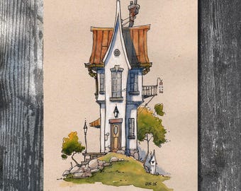 Original watercolour and ink - Gary Frederick Whimsical Rural Scene. 5.5" x 8.5". Unframed