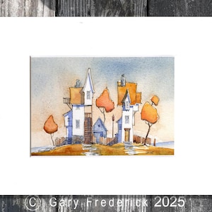 May include: Watercolour painting of quirky houses with orange roofs and trees. The artwork is set on a small hill with a blue sky background. The artist's copyright is visible in the bottom corner.