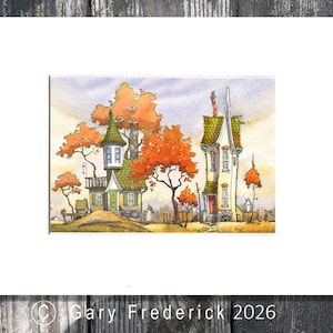 May include: A watercolour painting depicting two quirky houses with orange autumn trees. One has a green roof and a tower, the other is tall and cream-coloured. The artwork is set against a soft, cloudy sky.