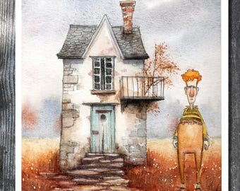 Watercolor PRINT - Gary Frederick. Line and wash.  8"x 8.5". Unframed