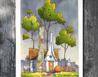 Original watercolour and ink - Gary Frederick Whimsical Rural Scene. 6" x 9". Unframed