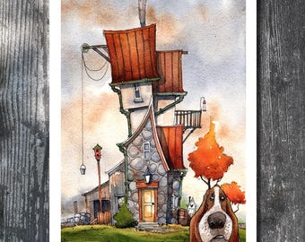 Watercolor PRINT- Gary Frederick. Line and wash. 5.5"x 8.5". Unframed