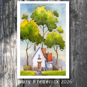 May include: Watercolour painting of a charming white cottage with a red roof, surrounded by vibrant green trees. A small wooden fence and a stone path lead to the front door. The artwork is signed "Gary Frederick 2026".